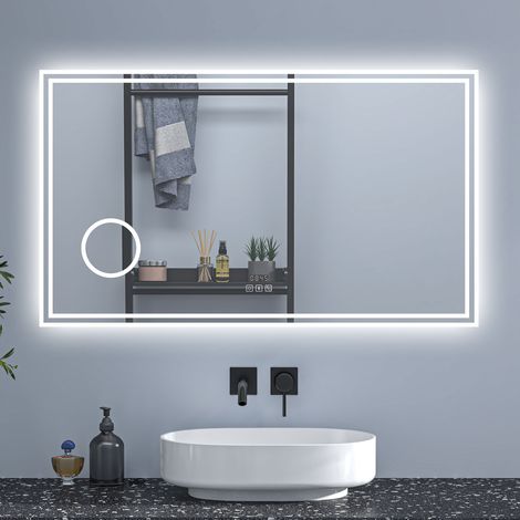 Ducha Casa Espejo de baño rectangular LED con antiniebla,Bluetooth,lupa,regulación de brillo,reloj y memoria de configuración