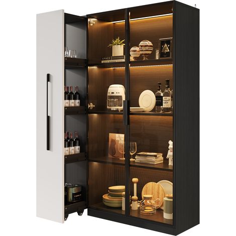 Vitrine LED en MDF et verre, meuble de rangement noir et blanc avec porte vitrée, tiroir latéral, roulettes et style moderne pour salon, salle à manger  CHICFURN (1/5)