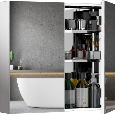 Bathroom Mirror Cabinet, Stainless Steel Wall Mounted Bathroom Storage Cabinet Double Doors, 60x55cm (1/5)