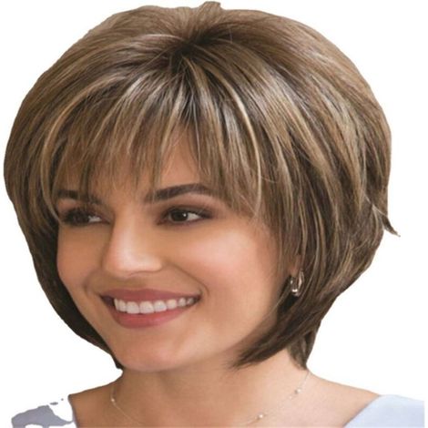 Perruque synthétique courte pour femme. marron. maille respirante confortable + fermoir réglable. (1/5)