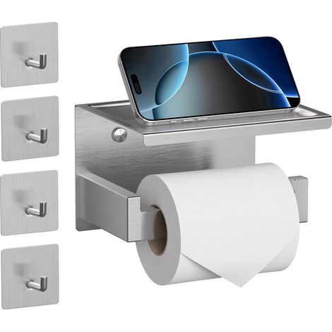 Porte Rouleau Papier Toilette Auto-adhésif avec Tablette, Support Papier Toilette Mural avec 4 Crochets pour Salle de Bain, Derouleur Papier Toilette WC sans Percage - Argent Acier Brossé (1/5)