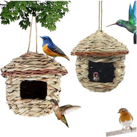 Nichoir en herbe, 2 pièces, nichoirs tissés à la main, nichoir suspendu pour perruches, mésanges, canaris, merles, colibris, rouges-gorges (couleur maïs, B) (1/5)