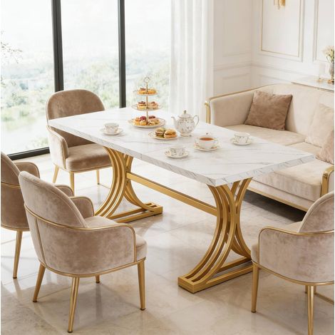 MEUBLIV Mesa de comedor 160x80 cm blanca y dorada, acabado mármol, para 4-6 personas (1/5)