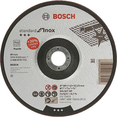 Bosch Professional 1x Disco de Corte Standard for Inox (para Acero Inoxidable, Ø 180 x 1,6 x 22,23 mm, Cóncavo, Accesorio Amoladora)