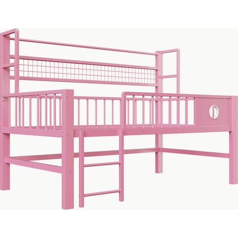 Cama alta baja infantil 90 x 200 cm de metal con almacenaje, rosa (1/5)