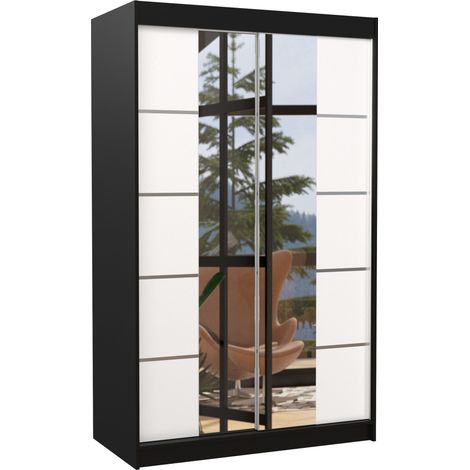 Petite armoire design de chambre à coucher 2 portes coulissantes noir et blanc avec miroir Kinzo 120cm (1/5)