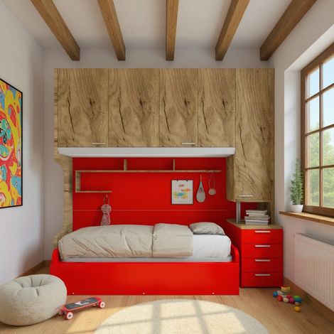 Cameretta a ponte con letto estraibile e spazio intelligente - Quercia e Rosso