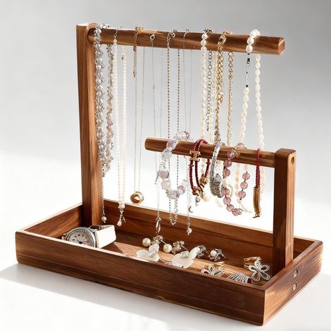 Présentoir bijoux 2 niveaux – Bois – Tiroirs – Colliers, bracelets, boucles – Couleur foncée (1/5)
