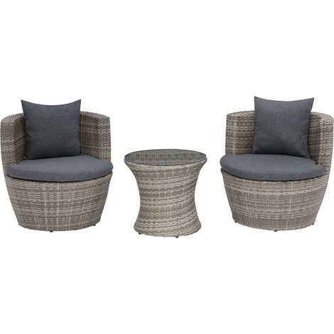Beliani – Salon de jardin en polyrotin gris – Set de 2 places avec coussins amovibles – Table basse en verre trempé – Résistant aux intempéries