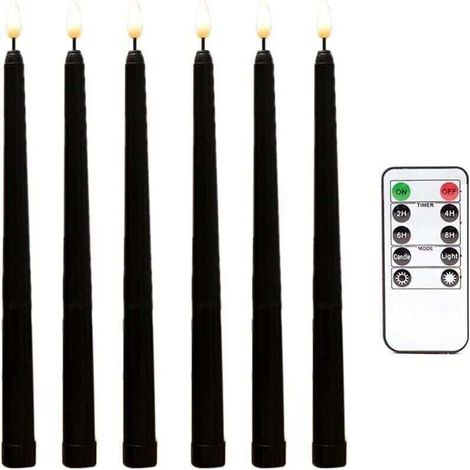 6er-Pack schwarze, flackernde, flammenlose LED-Stabkerzen mit 10-Tasten-Fernbedienung und Timer, batteriebetrieben, für Kronleuchter und Fenster --Crezuo
