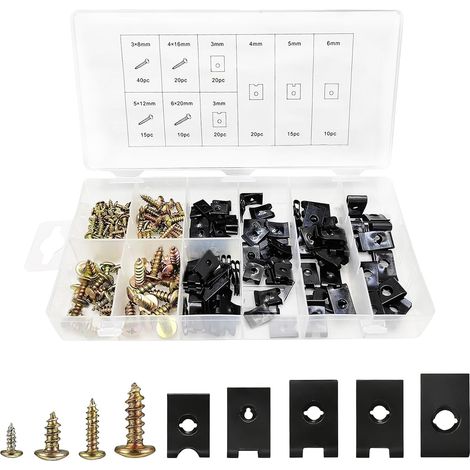 Kit surtido de 170 clips en U y tornillos para uso automotriz (tuercas en U, clips de montaje para carrocería y paneles), 9 tamaños de clips de montaje para parachoques metálicos de aplicación univers (1/5)