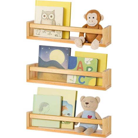 JF HOME BLISS Nursery Book Shelves, 16.5 Inch Floating Book Shelves for Wall Set of 3, Baby Nursery Decor, Solid Wood Wall Mounted Shelves for Children's Room, Bedroom,Bathroom,Kitchen,and More (1/5)
