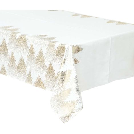 Atmosphera – Nappe rectangulaire Noël 240x140 cm en polyester – Motifs sapins blancs et dorés – Lavable en machine à 30°