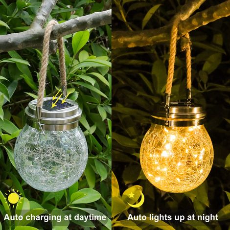 Lanterne solari sospese per esterni, luci a sfera rotonde in vetro screpolato impermeabili, globo solare da giardino con luce LED bianca calda, decorazioni per esterni (1/4)