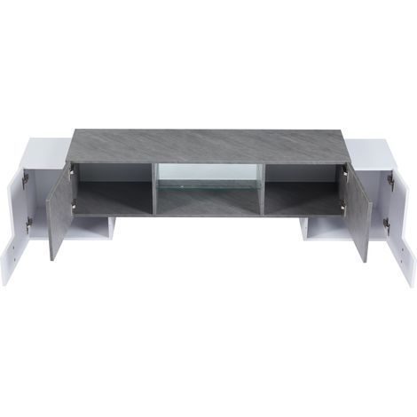 Meuble TV moderne blanc et gris 180 x 40 x 46,5 cm avec LED Bluetooth, 4 portes et rangements pour TV 60-70 pouces (1/5)
