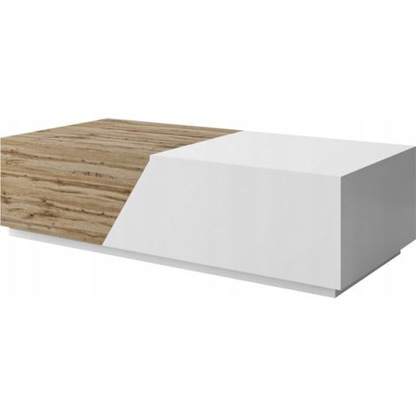 Mobilier1 – Table basse fixe angulaire stratifiée blanc et chêne wotan – Dimensions 42x60x124cm – Bords protégés ABS pour durabilité accrue