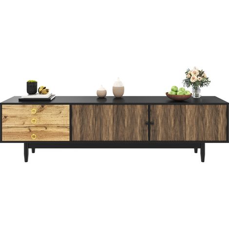 Meuble TV bas avec 2 portes motif vagues et 3 tiroirs noir et bois 180 x 38 x 50 cm -PANGIVO (1/5)