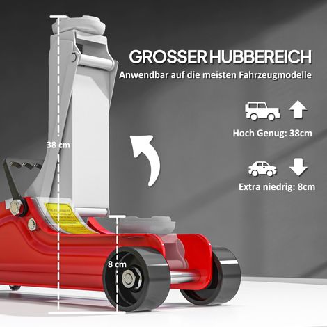 Cric automobile, hauteur 8-38 cm, capacité de levage 2,5 tonnes, acier robuste, sur roulettes, couleur rouge (1/4)