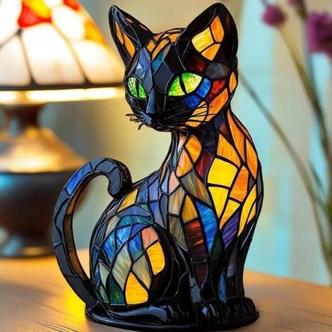 Lampe Chat, Vitrail Veilleuse Chat, RéSine ColoréE DéCoration Vintage Lampe En Forme De Chat, Table Led CréAtive DéCorative SANPIE (1/4)