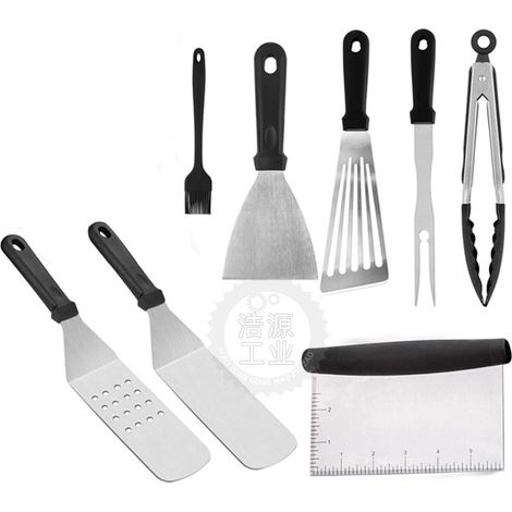 Set de 10 Ustensiles Plancha Inox, Spatules Barbecue pour Teppanyaki, Accessoires Gril Cuisine, Kit Outillage Acier Résistant (1/4)