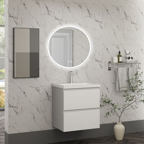 AICA Mobiliario de Baño Mueble de Baño con Lavabo y Espejo LED,Mueble Blanco 50 x 38.5 x 52 cm,Espejo con Luz LED Tricolor 60 x 60 cm (1/5)
