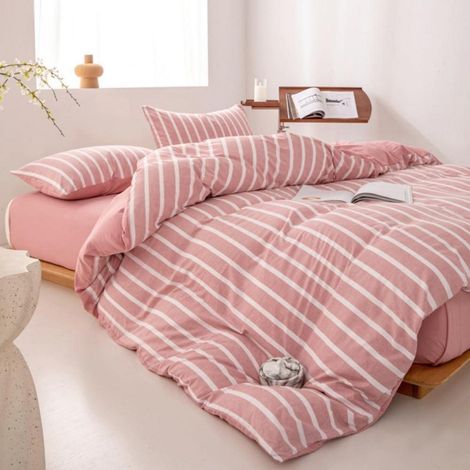 Linge de lit 220x240 cm rayé Rose Blanc Microfibre 3 pièces