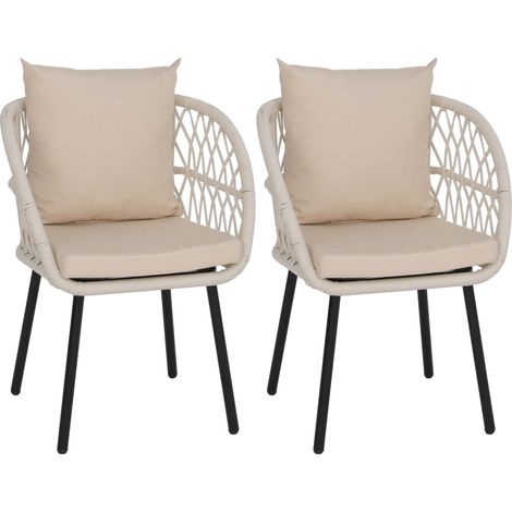 [NON UTILIZZATO] Set 2 sedie da giardino HHG-393, poltrona con braccioli, intreccio corda alluminio, struttura nera, cuscini avorio