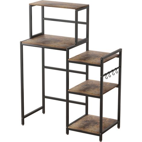 FIANAO - Etagère de rangement cuisine - Etagère micro-ondes - Etagère de rangement à cinq niveaux - Dimensions : 90 x 42 x 122 cm - Marron vintage et noir (1/5)