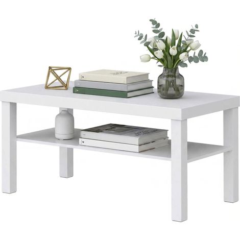 Table basse salon 2 niveaux étagère rangement rectangulaire, 90x45x44,5 cm, blanc (1/5)