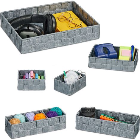 Relaxdays Aufbewahrungskorb 6er Set, Körbchen in 4 Größen, geflochten, Kunststoff, Metallrahmen, Körbe Badezimmer, grau