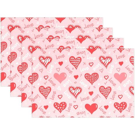 4 sets de table réutilisables, 30x45 cm, en lin, motif cœur et mots 'LOVE' / 'KISS', pour décoration Saint-Valentin, intérieur et extérieur (1/5)