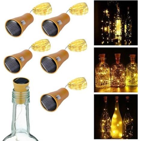 Lot de 5 guirlandes lumineuses pour bouteilles avec cellule solaire - Lampe LED jaune pour bouchons de bouteille (1/3)