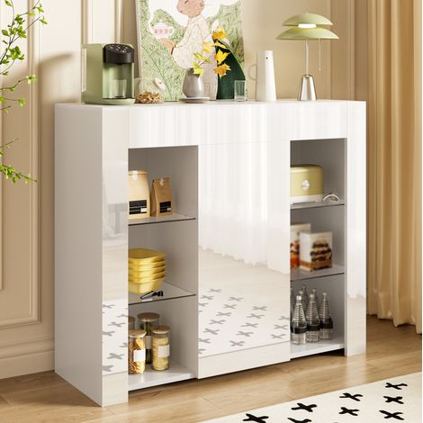 Weiße Kommode mit glänzender Front, 95 x 35 x 83,5 cm, mit Glasablagen und Tür, HAVRYA (1/5)