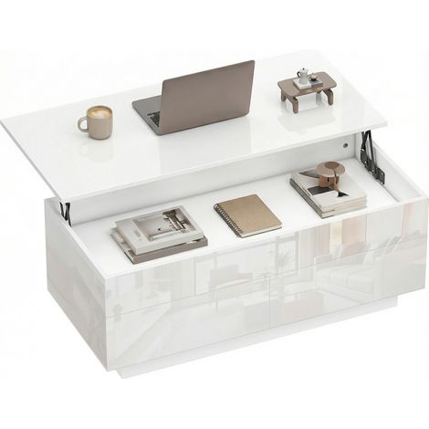 Table basse réglable en hauteur blanc brillant avec rangement dissimulé et 2 tiroirs 80x50x45 cm