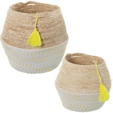 Panier osier tressé avec touche estivale jaune - Beige tressé avec motifs à pois jaunes (1/5)