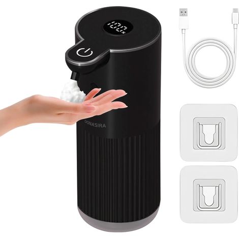 (P18A Noir-Mousse) Distributeur de savon portable 380 ml avec écran HD sans contact, contrôle mousse/liquide réglable sur 6 niveaux, capteur intelligent et flacon de shampoing. (1/5)