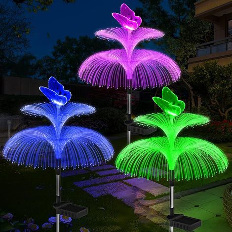 Lot de 3 lampes solaires d'extérieur à 7 couleurs changeantes Double méduse et papillon Pour jardin, terrasse, cour, piscine, fontaine, paysage (1/5)