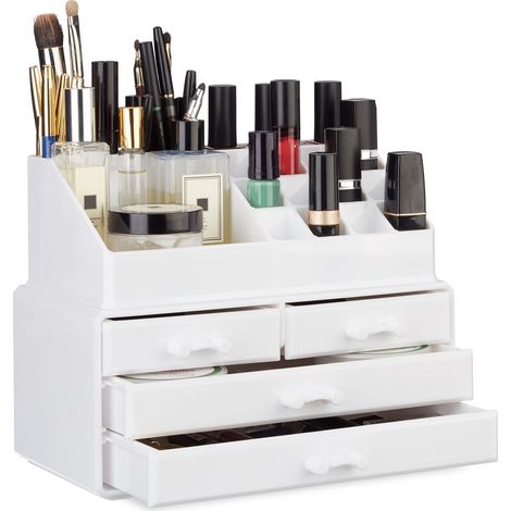 2 Organizadores Maquillaje de 4 Cajones Cada Uno, Fibra Acrílica, 19 x 24 x 13,5 cm, Blanco