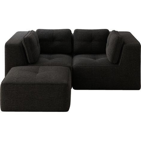 Sofá rinconero modular en L negro de pana, sin montaje, con otomana móvil (1/5)