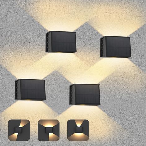 Lot de 4 Applique Solaire Murale Extérieur, Appliques Murales LED 3000K Blanc Chaud avec Éclairage Haut et Bas, Lampe Solaire Exterieur Sans Fil pour Jardin, Terrasse, Mur, Clôture, Escalier (1/5)