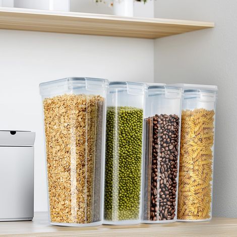 Cereal Storage Container Sets Airtight Dry Food Dispenser Containers Stackable Kitchen Storage Boxes Plastic Pantry Organization with Lock Lids Leakproof for Flour Sugar Pasta (Clear, 4 x 2.8L) (1/5)