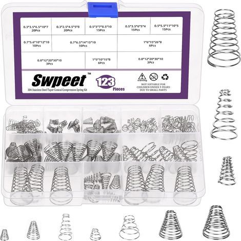 Lot de 123 ressorts coniques en acier inoxydable de 10 tailles 0,3/0,5/0,7/0,8/1 - Assortiment de ressorts coniques en métal - Petits ressorts de compression pour réparation