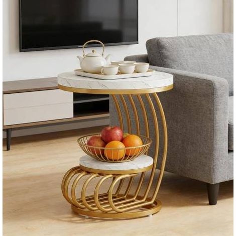 Tavolino laterale rotondo 50x50x63 cm bianco e oro in effetto marmo e metallo con 2 ripiani (1/5)