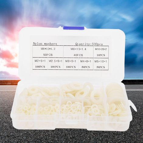 Rondelles en nylon (lot de 500) - Blanc - M2, M2.5, M3, M4, M5, M6, M8, M10 (1/5)