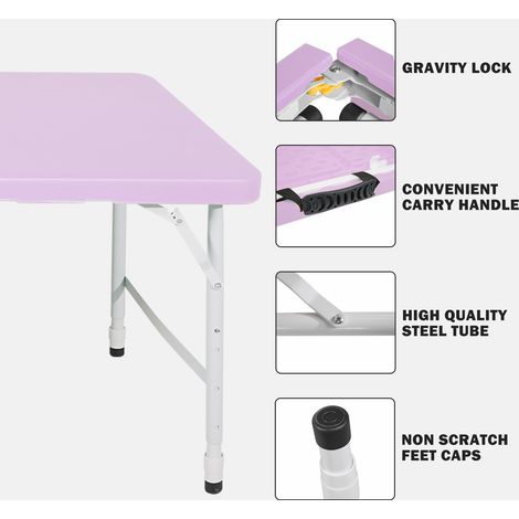 Table pliante 125 cm violette hauteur réglable,capacité 135 kg. Multifonctionnelle pour camping et loisirs intérieur extérieur. (1/5)