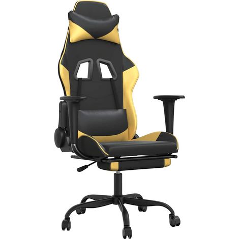 Chaise de jeu, Chaise Gaming de massage avec repose-pied Noir&Doré Similicuir CFW23971 (1/5)