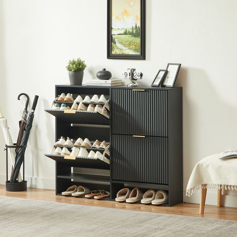 Meuble à chaussures en MDF noir 120 x 24 x 102 cm, 2 portes abattantes, tablettes réglables et fixation murale (1/5)