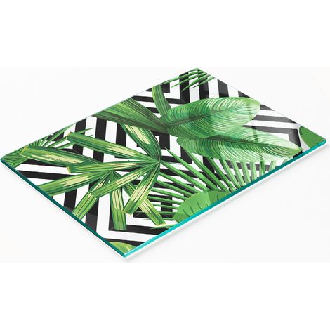 Tabla de cortar decorativa de vidrio templado con diseño de hojas tropicales, 80x52 cm. (1/5)