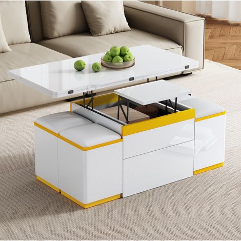 Tavolino trasformabile 100x50x43 cm bianco e giallo in MDF e pannelli di particelle con 4 pouf contenitore (1/5)