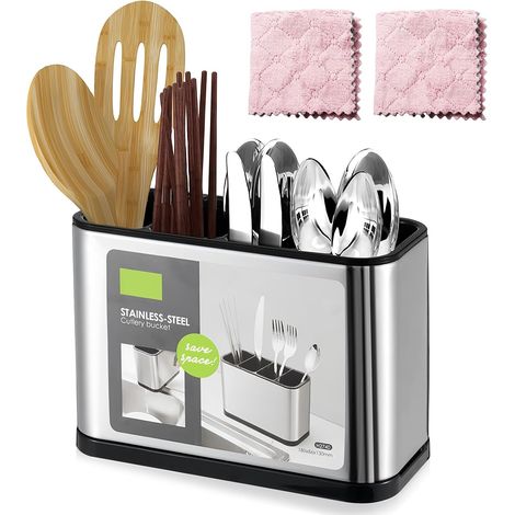 4 Compartment Cutlery Holder for Kitchen: kitchen utensil container with 2 cleaning cloths, stainless steel kitchen utensil holder, cutlery organizer for (1/5)
